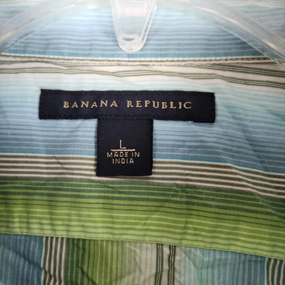 Banana Republic Shirt Mens Large Green Blue Multi Stripe Cotton Short Sleeve
